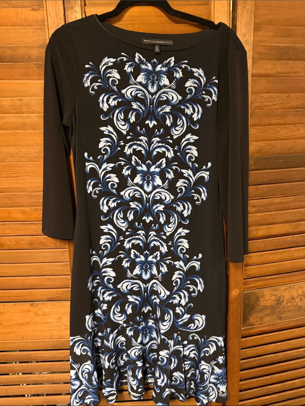 White House Black Market Black Dress with Blue & White Floral Medallion Print